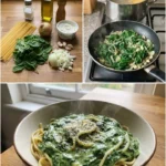 Cremige Spaghetti mit Spinat-Frischkäse-Soße auf einem Teller serviert