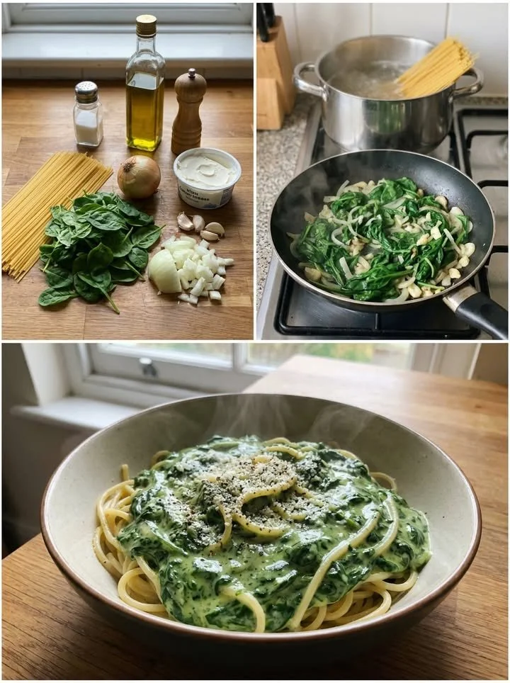 Cremige Spaghetti mit Spinat-Frischkäse-Soße auf einem Teller serviert