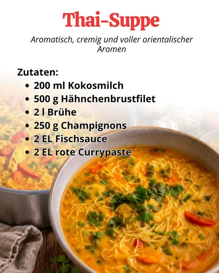Cremige Thai-Suppe mit frischen Kräutern und aromatischen Gewürzen.