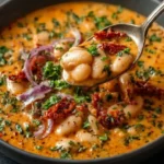 Cremige Tomaten-Bohnen-Pfanne mit frischen Zutaten angerichtet