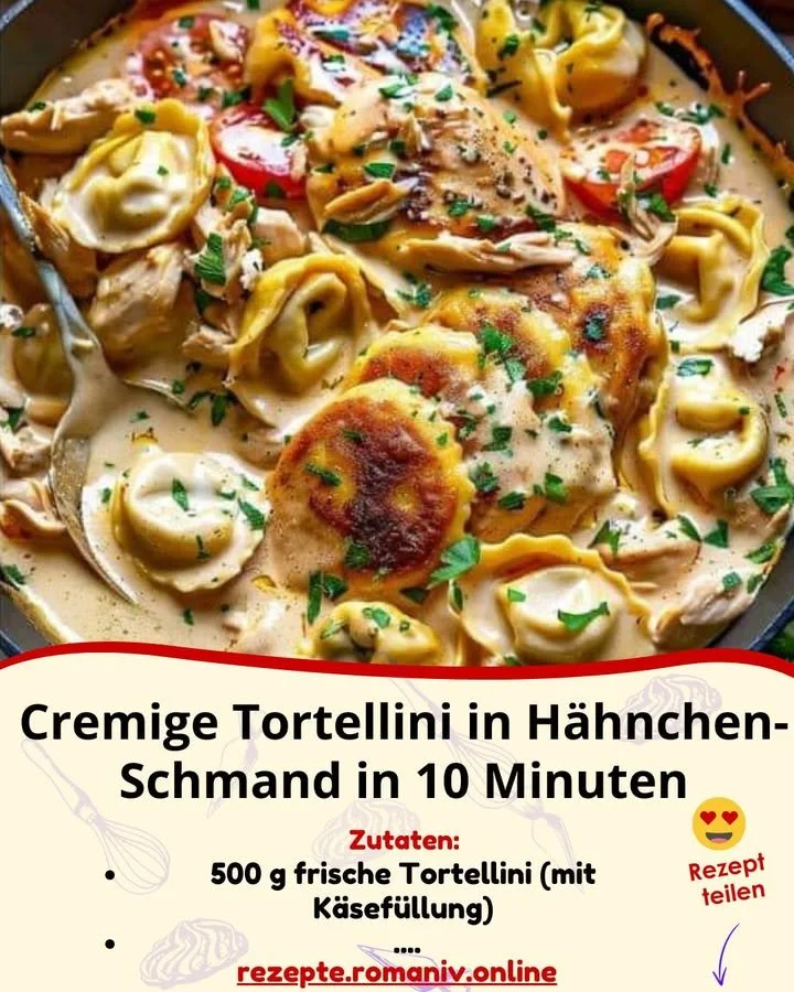 Cremige Tortellini in Hähnchen-Schmand serviert in einer Schüssel