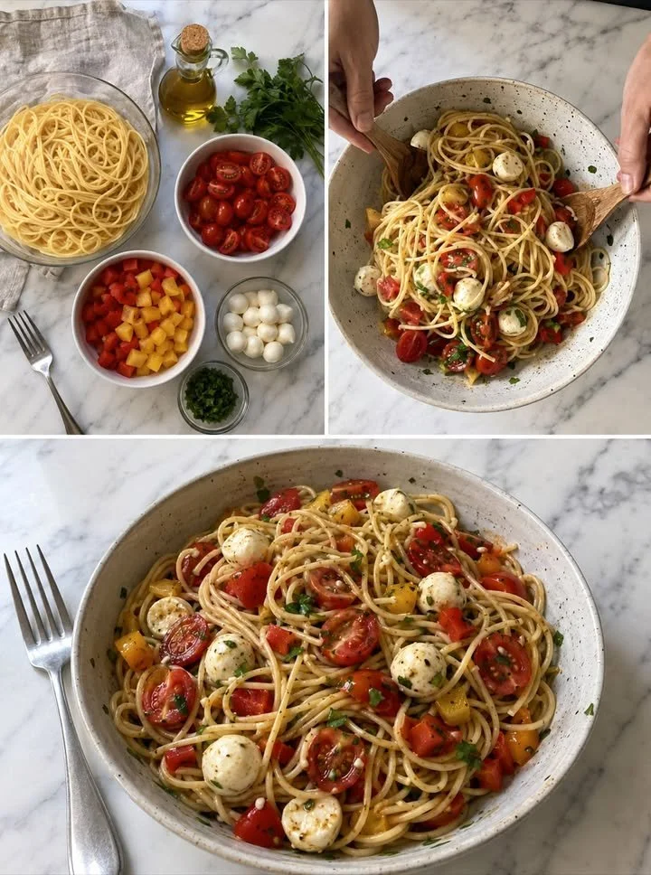 Cremiger Spaghetti-Gemüsesalat mit frischem Gemüse und Pasta