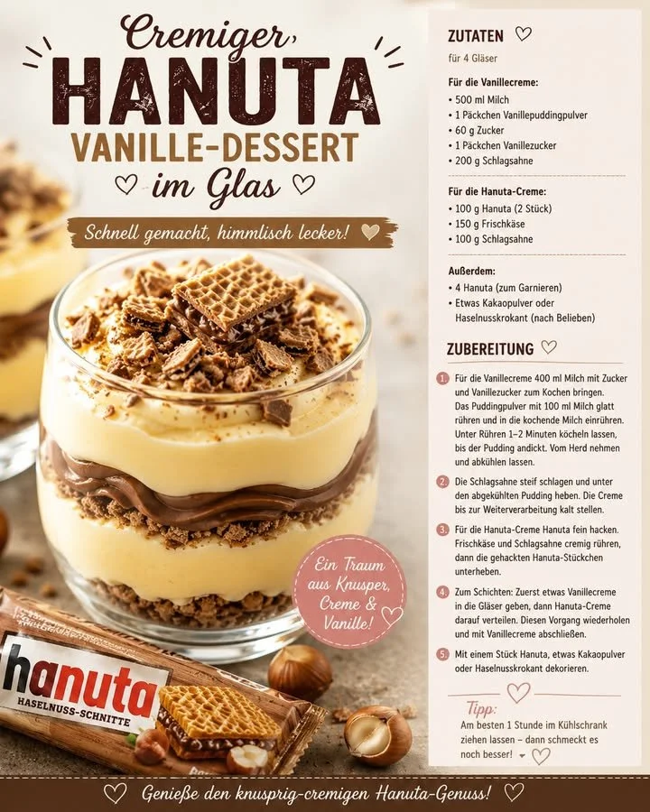 Cremiges Hanuta-Vanille-Dessert im Glas mit Schokoladenstückchen