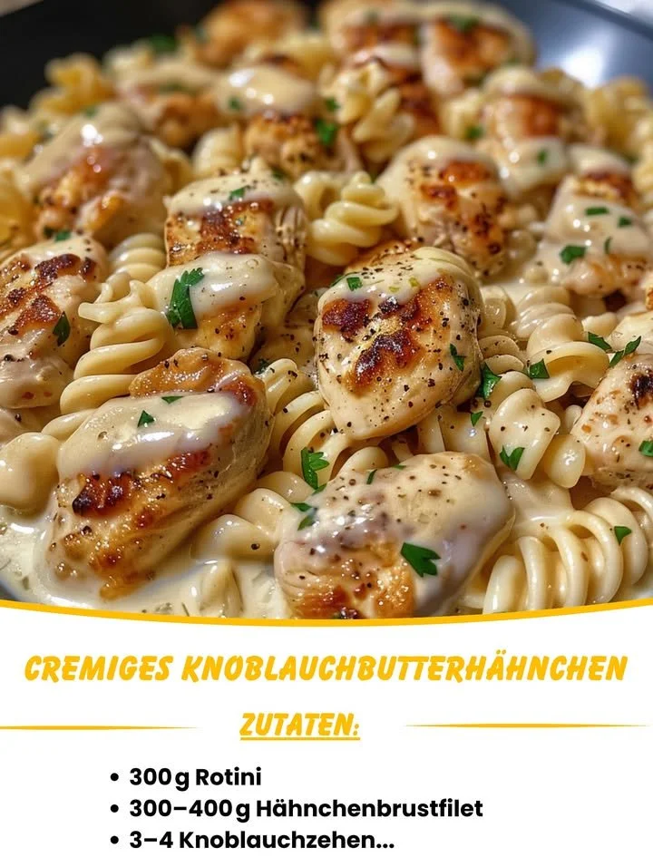 Cremiges Knoblauchbutterhähnchen mit Rotini in Parmesansauce auf einem weißen Teller.