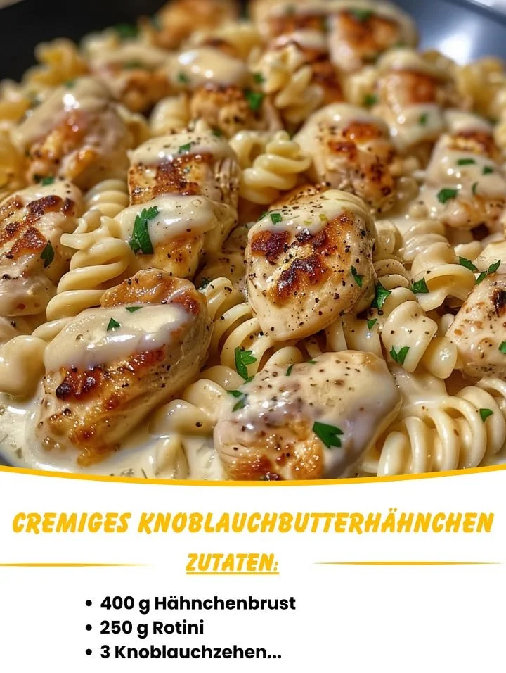 Cremiges Knoblauchbutterhähnchen mit Rotini in Parmesansauce serviert auf dem Teller