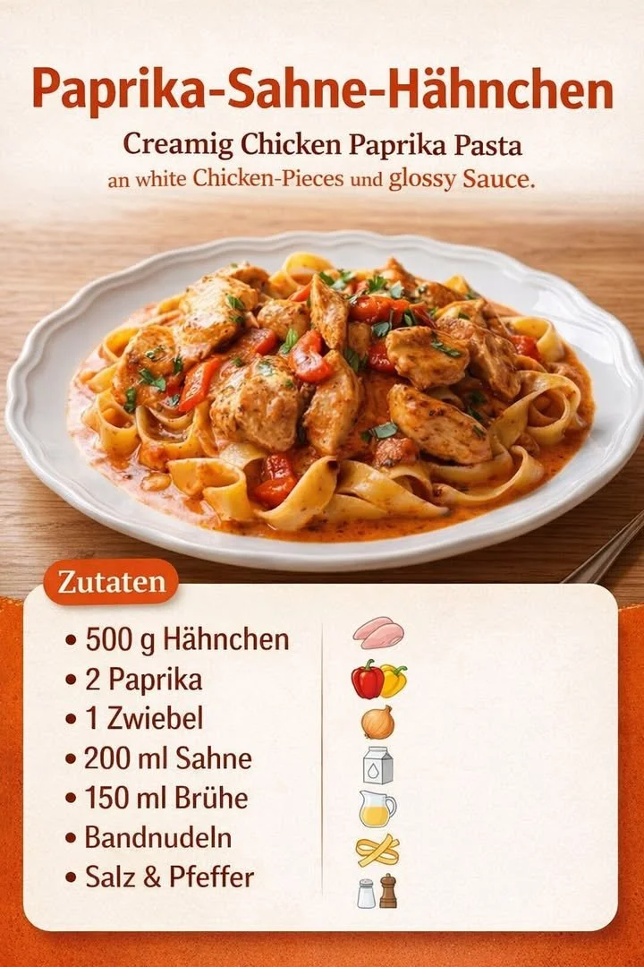 Cremiges Paprika-Sahne-Hähnchen auf einem Teller serviert