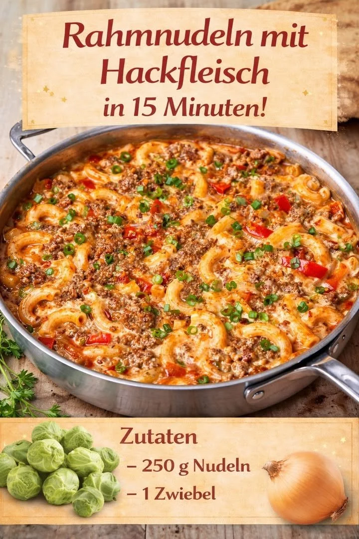 Curryrahm Nudeln mit Hackfleisch auf einem Teller serviert