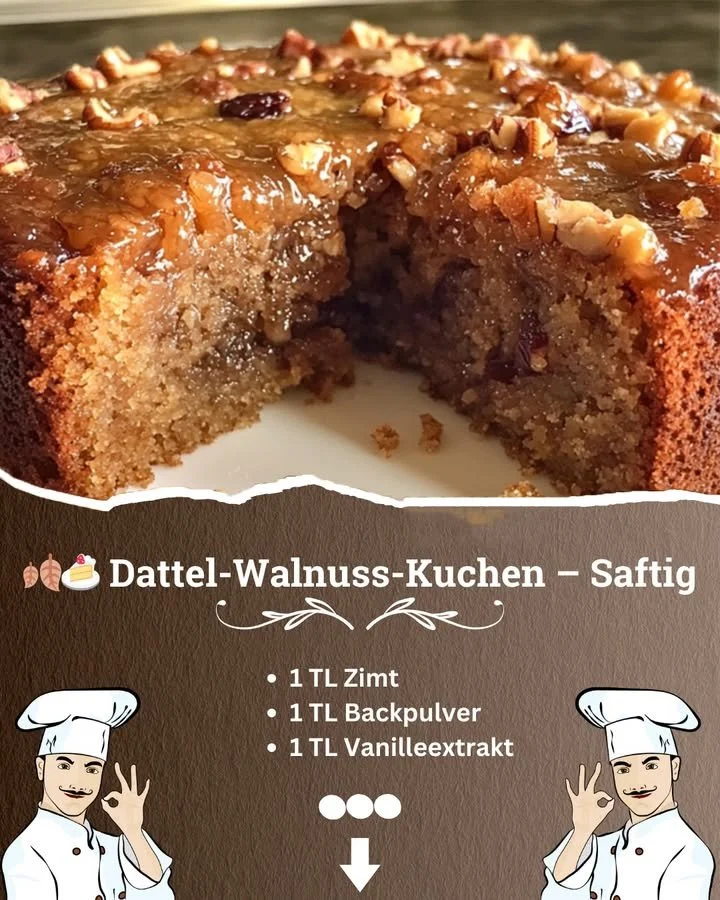 Dattel-Walnuss-Kuchen auf einem Teller, garniert mit Nüssen und Datteln.
