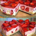 Berühmtester Erdbeerkuchen, der auf der Zunge zergeht, hübsch dekoriert mit frischen Erdbeeren.