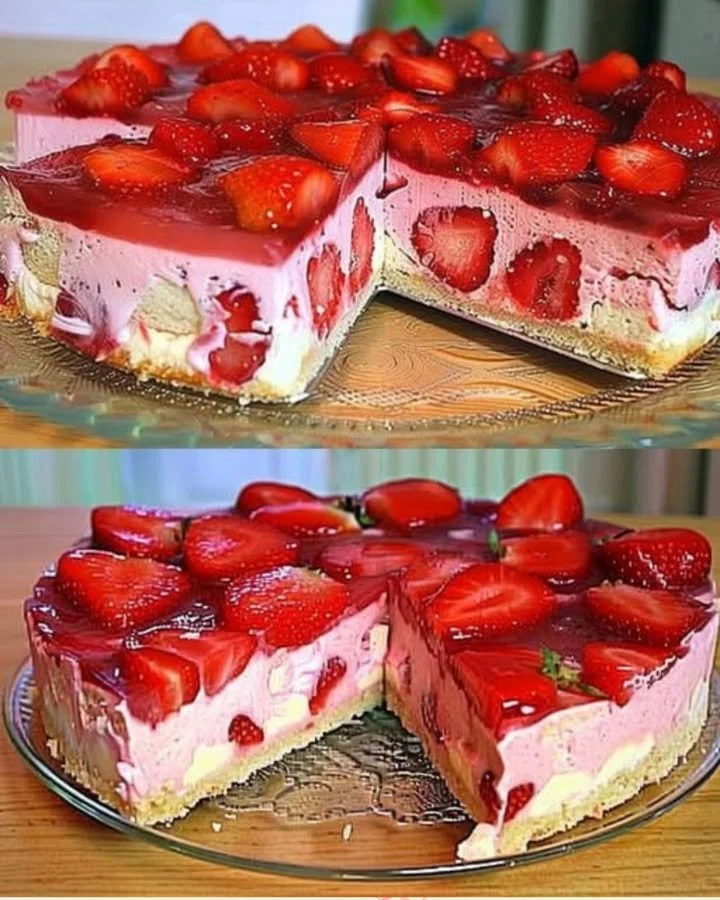 Berühmtester Erdbeerkuchen, der auf der Zunge zergeht, hübsch dekoriert mit frischen Erdbeeren.