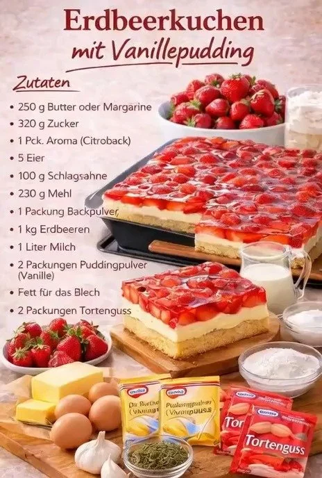 Ein köstlicher Erdbeerkuchen mit Vanillepudding und frischen Erdbeeren