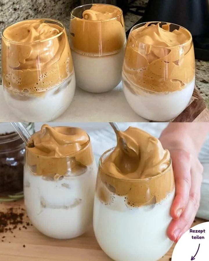 Ein Becher mit dem weltbesten Eiskaffee, garniert mit Sahne und Schokolade.