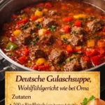 Deutsche Gulaschsuppe serviert in einer traditionellen Schüssel