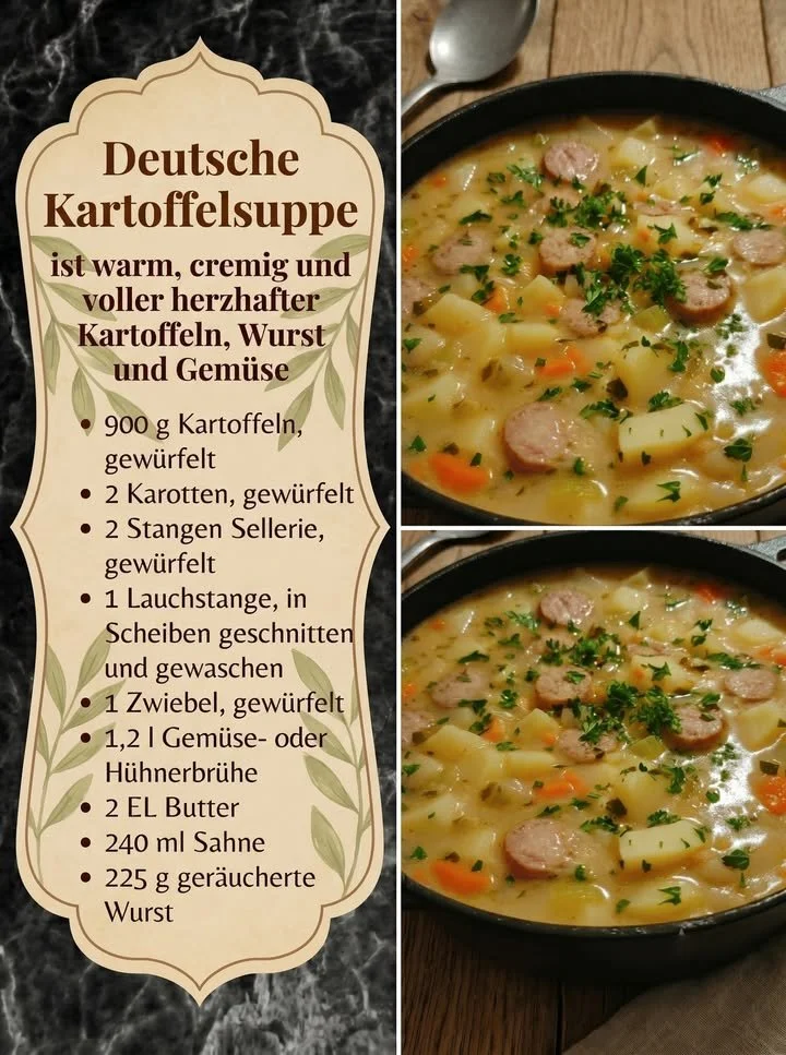 Eine Schüssel Deutsche Kartoffelsuppe mit frischen Kräutern garniert.