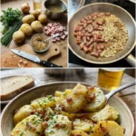 Deutscher Kartoffelsalat mit Speck in einer Schüssel angerichtet