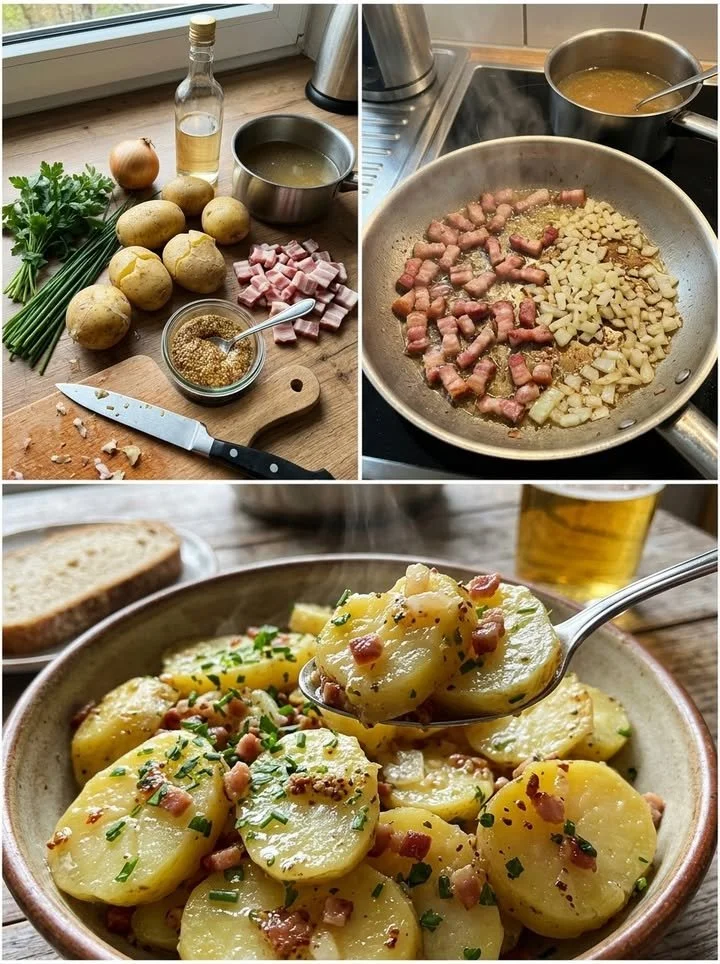 Deutscher Kartoffelsalat mit Speck in einer Schüssel angerichtet