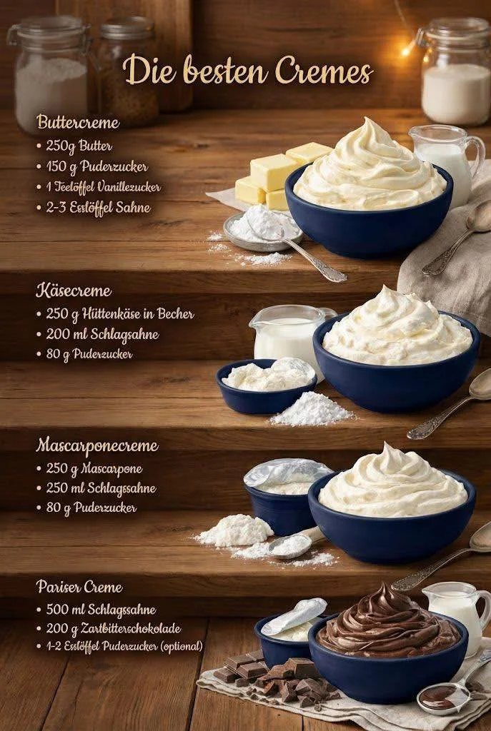 Verschiedene leckere Cremes für Desserts und Backwaren
