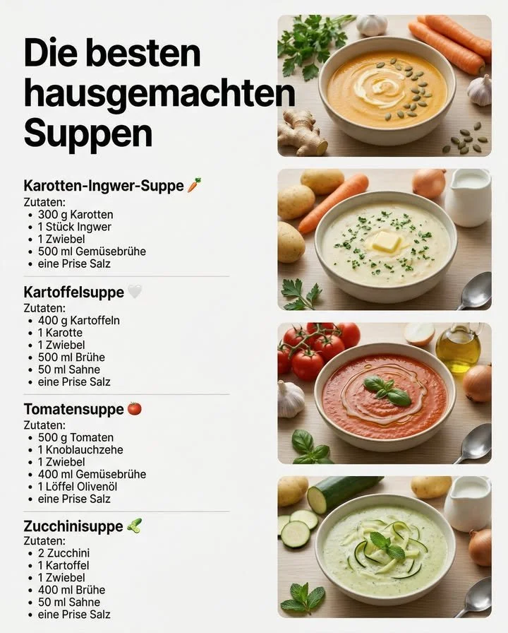 Eine Schüssel mit hausgemachter Suppe, garniert mit frischen Kräutern und Gemüse.