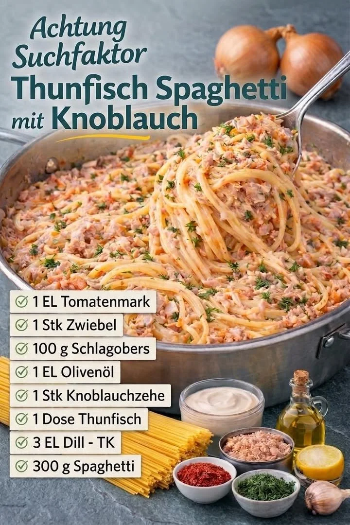 Cremige Thunfisch-Pasta in einer leckeren Sauce serviert.