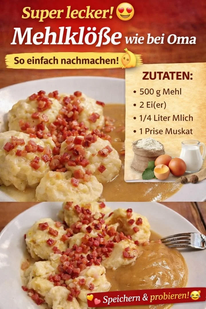 Himmlische Mehlklöße nach Omas Rezept serviert auf einem Teller.