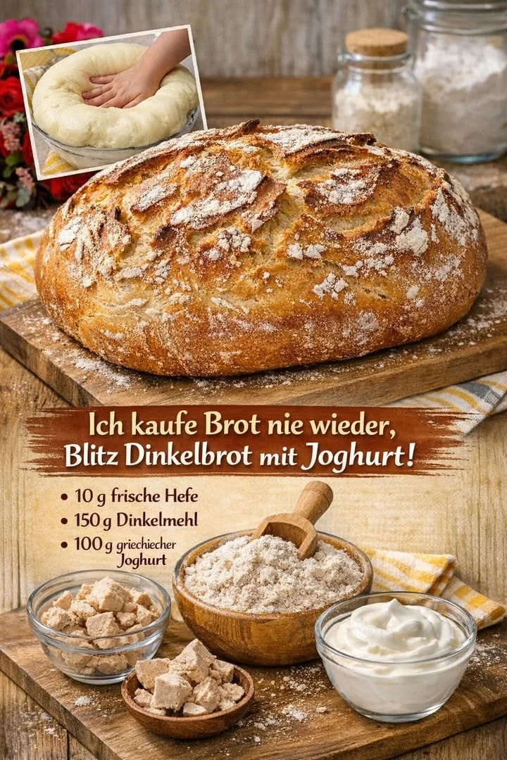 Dinkelbrot mit Joghurt auf einem Holztisch, frisch gebacken und serviert.