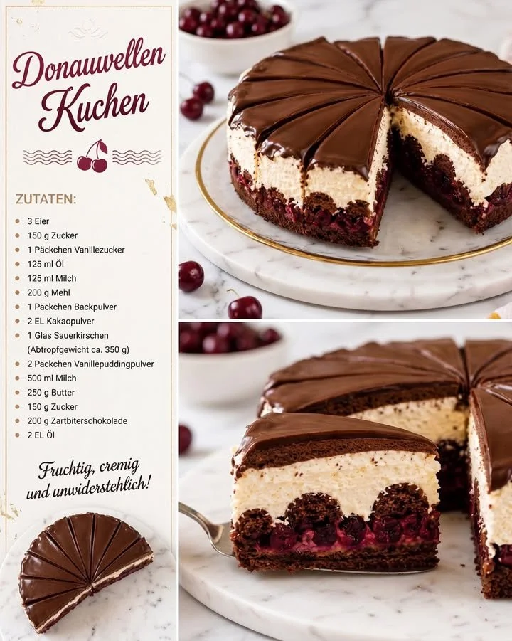 Donauwellen Kuchen – saftiger, schokoladiger Schichtkuchen mit Kirschen