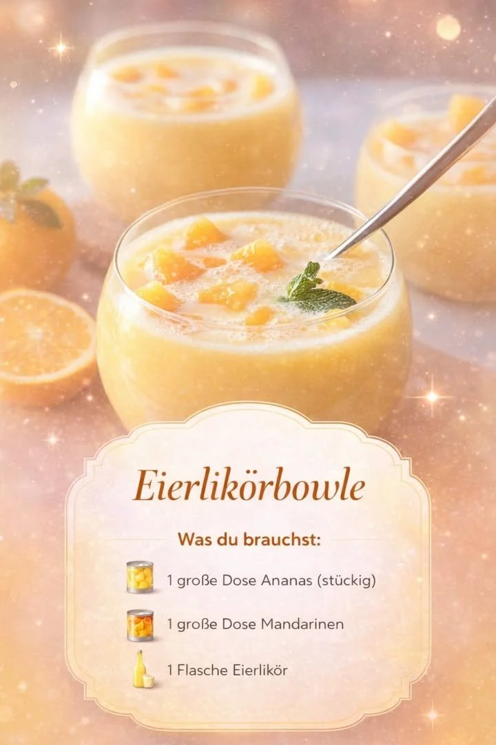 Eierlikörbowle in einem Glas mit Dekoration und Früchten