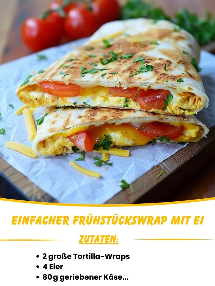 Einfacher Frühstückswrap mit Ei, Käse und Tomaten auf einem Teller angerichtet.