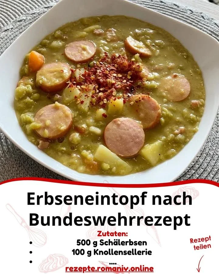Erbseneintopf nach Bundeswehrrezept in einem Teller serviert.