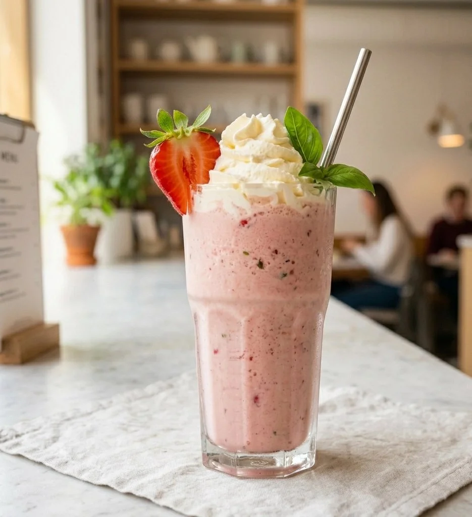 Erdbeer-Basilikum-Frappe in einem Glas mit frischen Erdbeeren und Basilikumblättern.