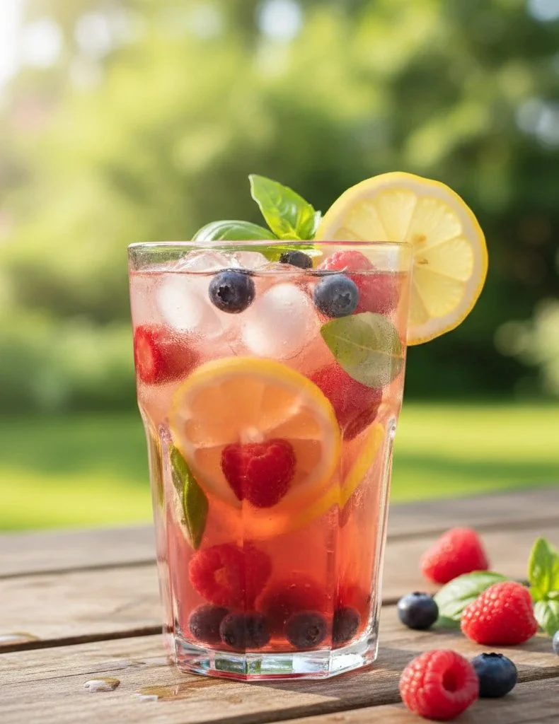 Erfrischende Erdbeer-Basilikum-Limonade in einem Glas mit frischen Zutaten