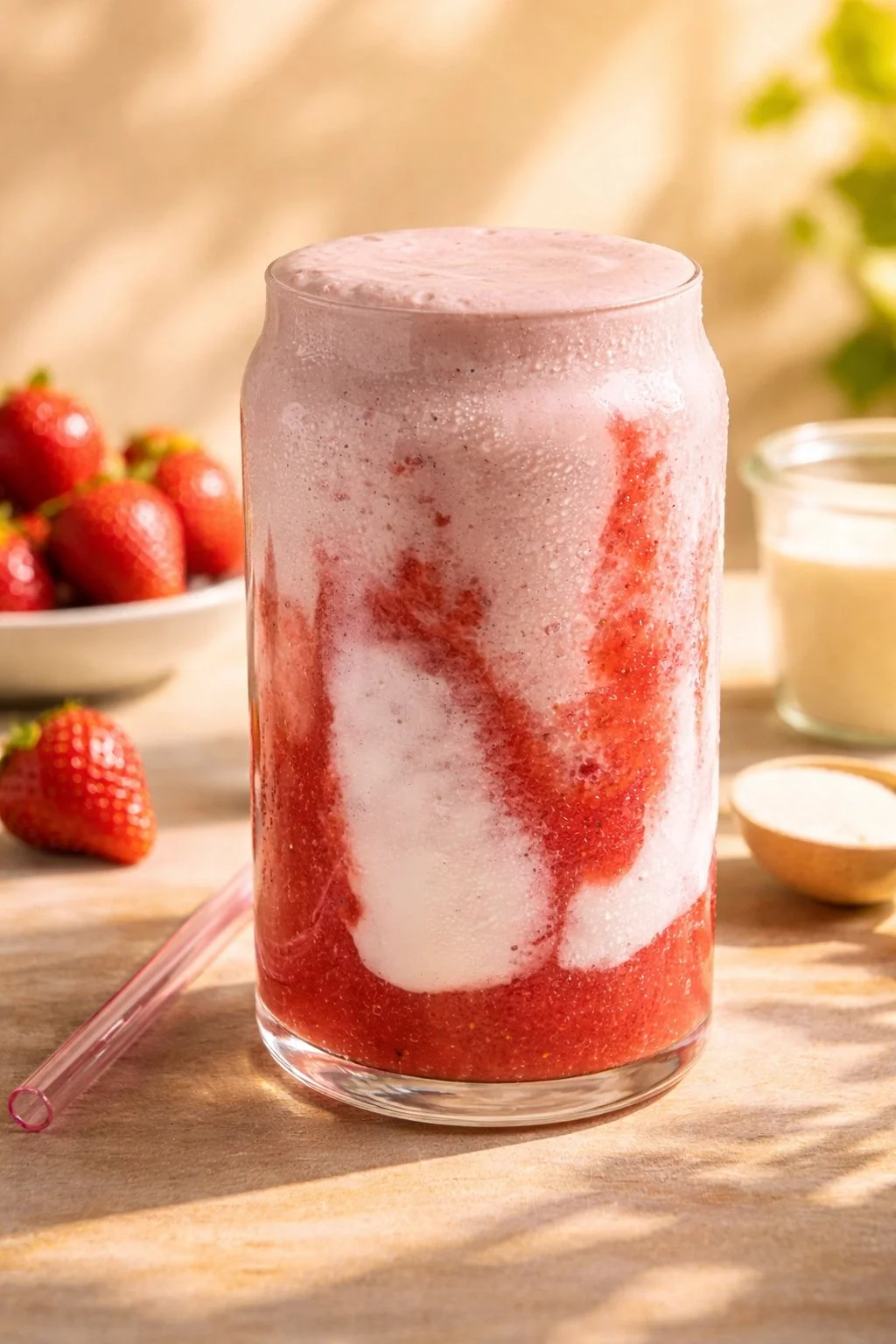 Erdbeer-Smoothie mit Glasur, inspiriert von Hailey Bieber.