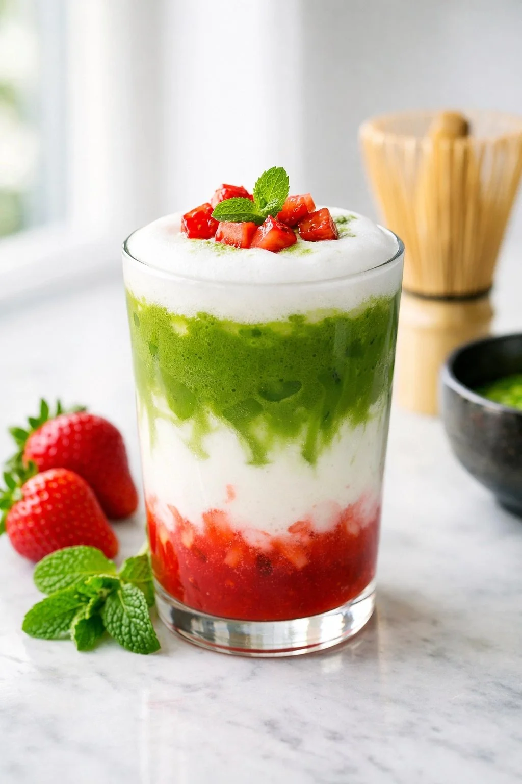Erdbeer-Matcha-Latte in einem eleganten Glas mit frischen Erdbeeren und Matchapulver