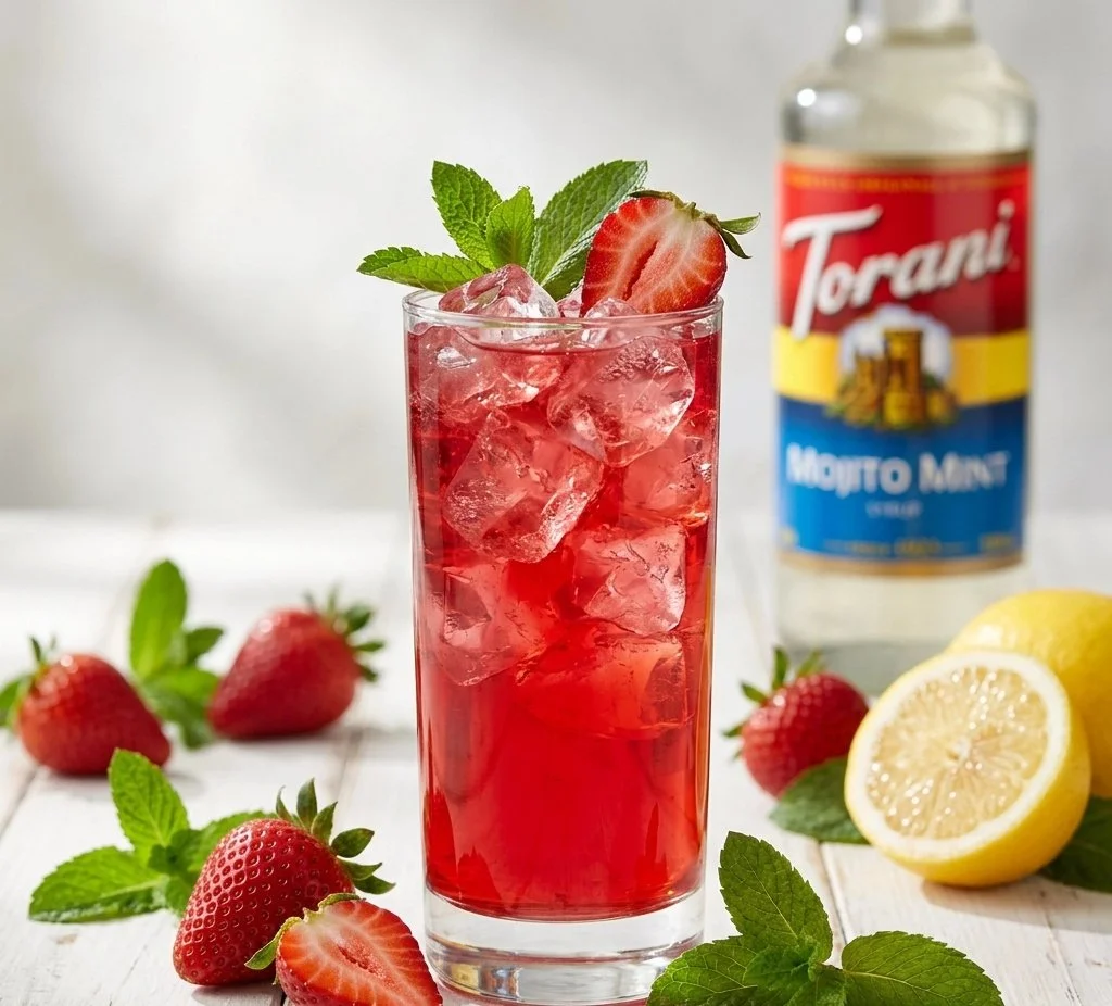 Erdbeer-Minze-Limonade in einem Glas mit frischen Erdbeeren und Minze