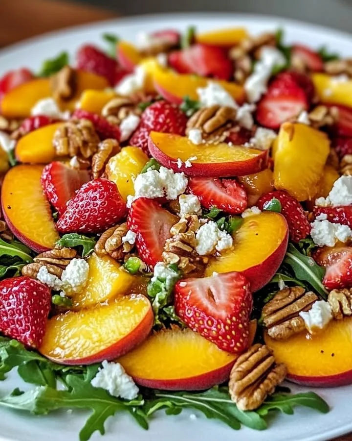 Erdbeer-Pfirsich-Salat mit Honig-Zitronen-Vinaigrette auf einem Teller