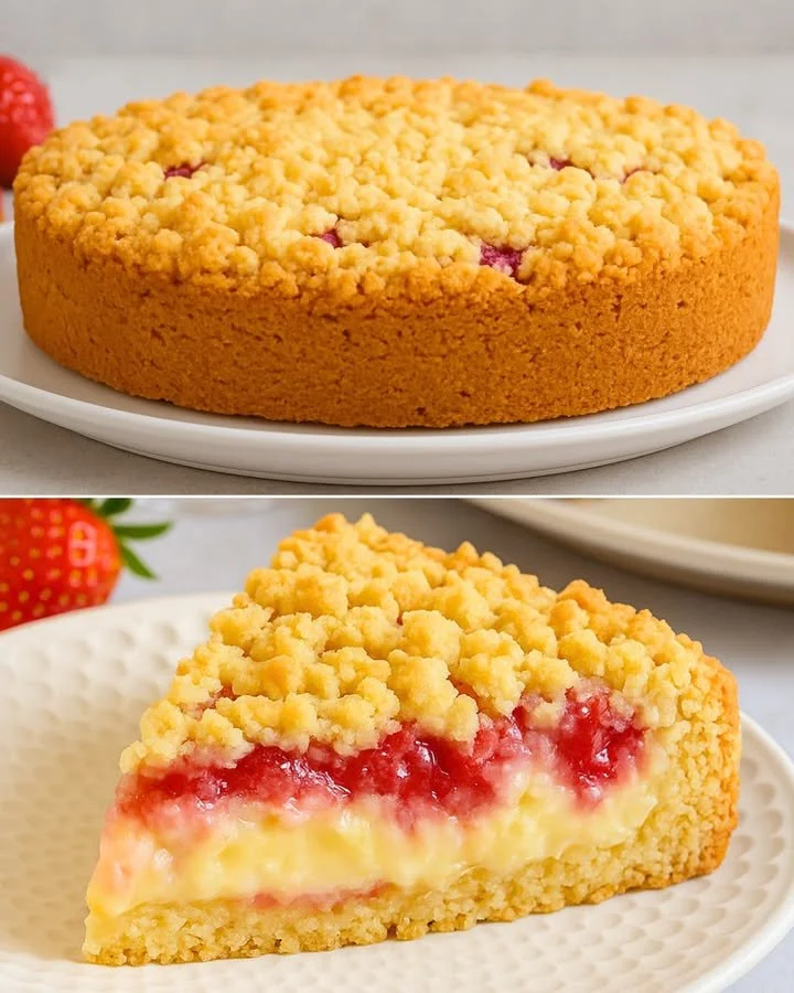 Ein leckerer Erdbeer-Pudding-Streuselkuchen mit Streuselbelag auf dem Tisch