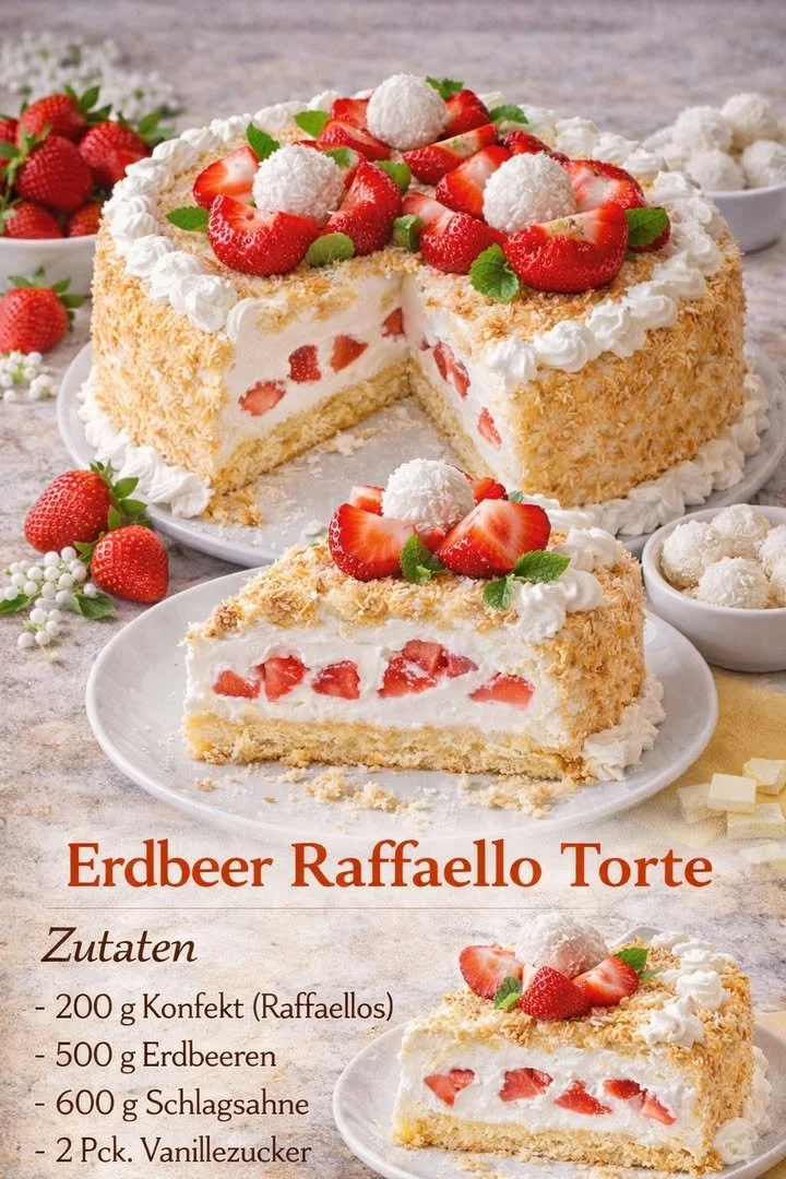 Erdbeer Raffaello Torte mit frischen Erdbeeren und Raffaello-Kokosnüssen
