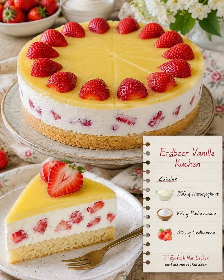 Saftiger Erdbeer-Vanille-Kuchen auf einem Teller mit frischen Erdbeeren