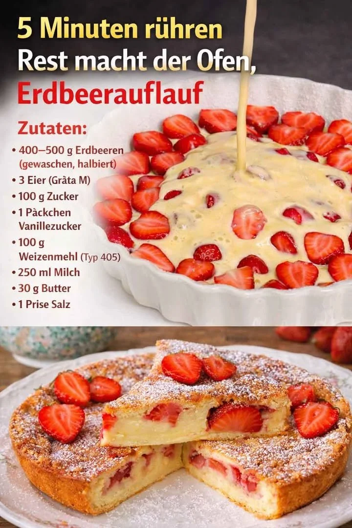 Leckerer Erdbeerauflauf aus frischen Erdbeeren, serviert in einer Auflaufform.