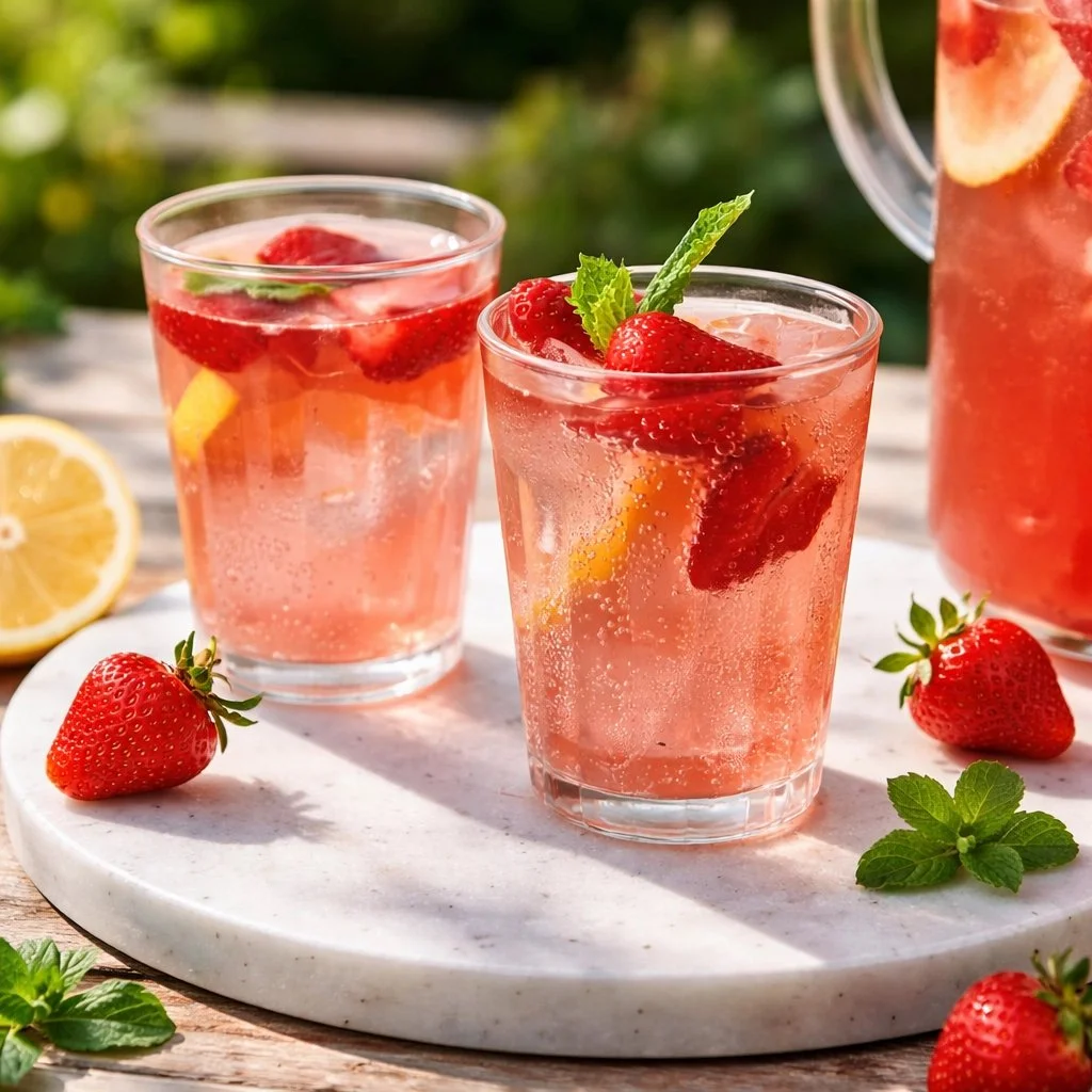 Selbstgemachte Erdbeerlimonade in einem Glas mit frischen Erdbeeren
