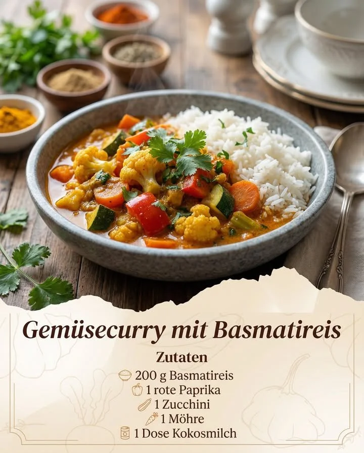 Ein köstliches, duftendes Curry auf dem Tisch, das Gemütlichkeit ausstrahlt.