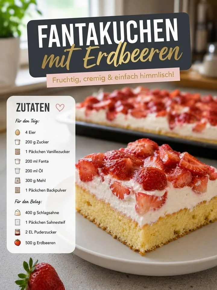 Fantakuchen mit frischen Erdbeeren auf einem leichtem Biskuitboden