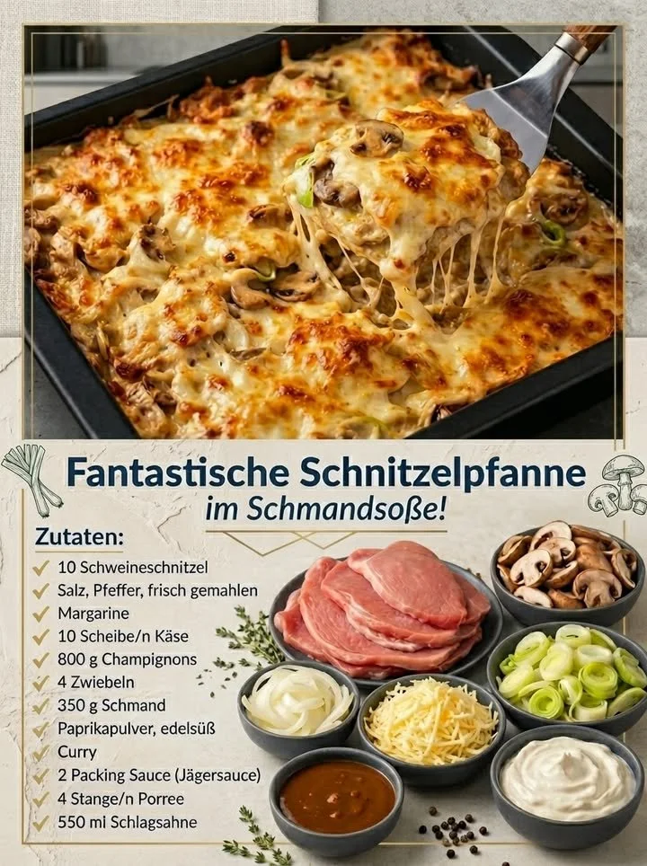Schnitzelpfanne in Schmandsoße serviert auf einem Teller