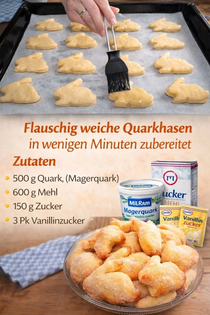 Flauschig weiche Quarkhasen frisch gebacken auf einem Teller