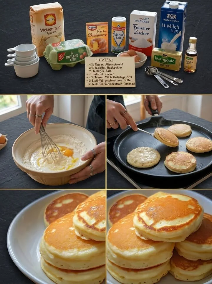 Flauschige Pfannkuchen auf einem Teller mit frischen Früchten
