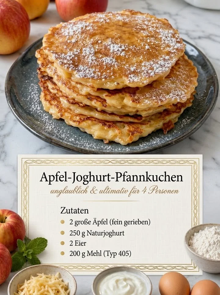 Fluffige Apfel-Joghurt-Pfannkuchen auf einem Teller serviert