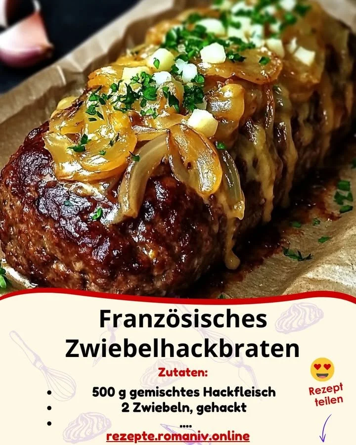 Französisches Zwiebelhackbraten, serviert auf einem Teller mit Beilagen.