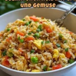 Fried Rice mit Ei und frischem Gemüse in einer Pfanne zubereitet