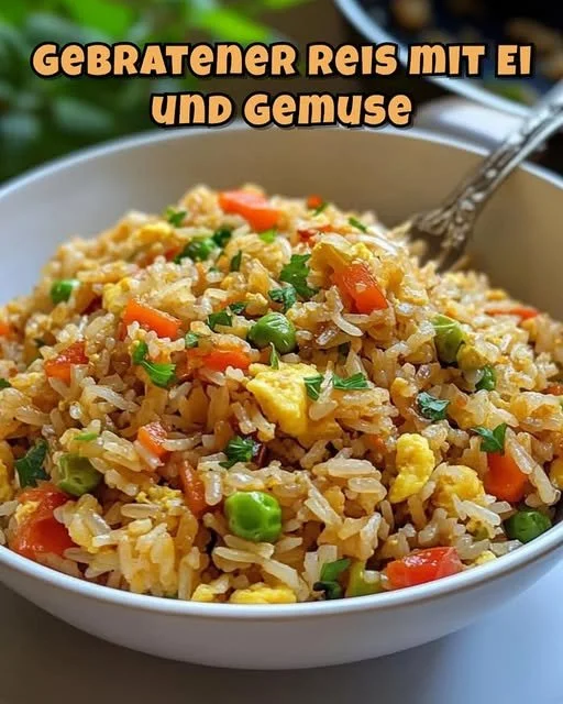 Fried Rice mit Ei und frischem Gemüse in einer Pfanne zubereitet