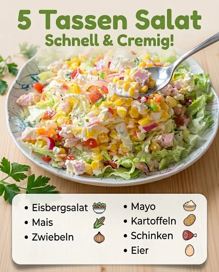 Frischer cremiger Salat mit buntem Gemüse und cremigem Dressing